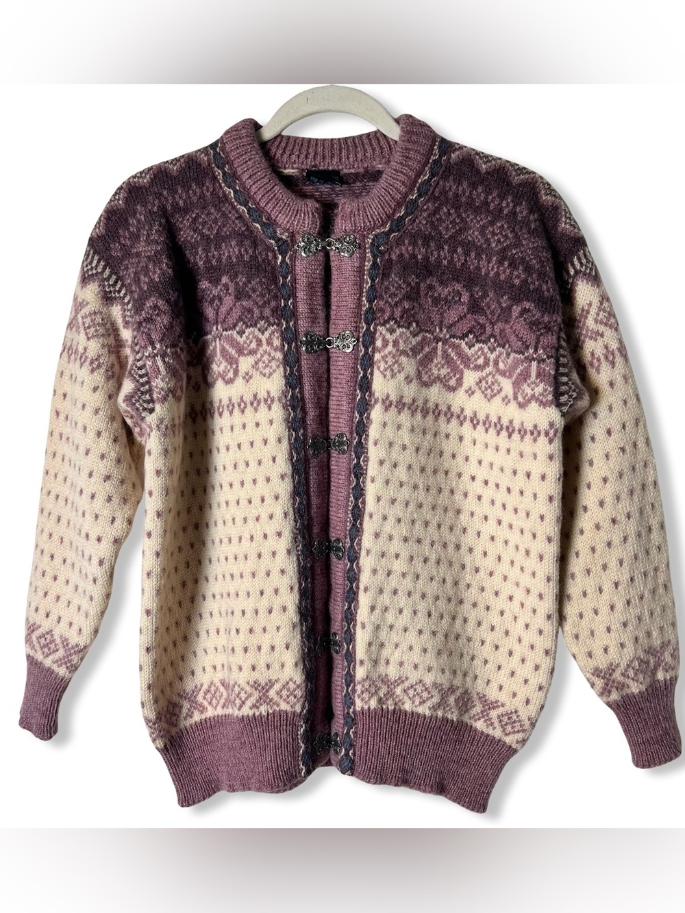 Dale Of Norway Vintage Purple Fair Isle Wool Cardigan Pewter Clasps Norway Sz XL